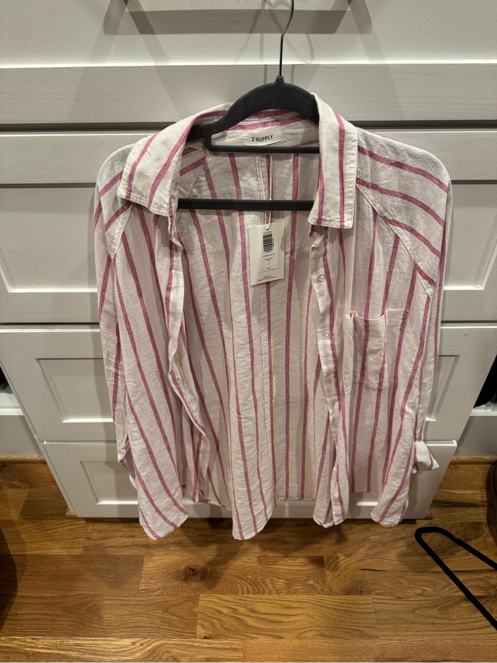 Z Supply White Button-Down Shirt with Pink Stripes